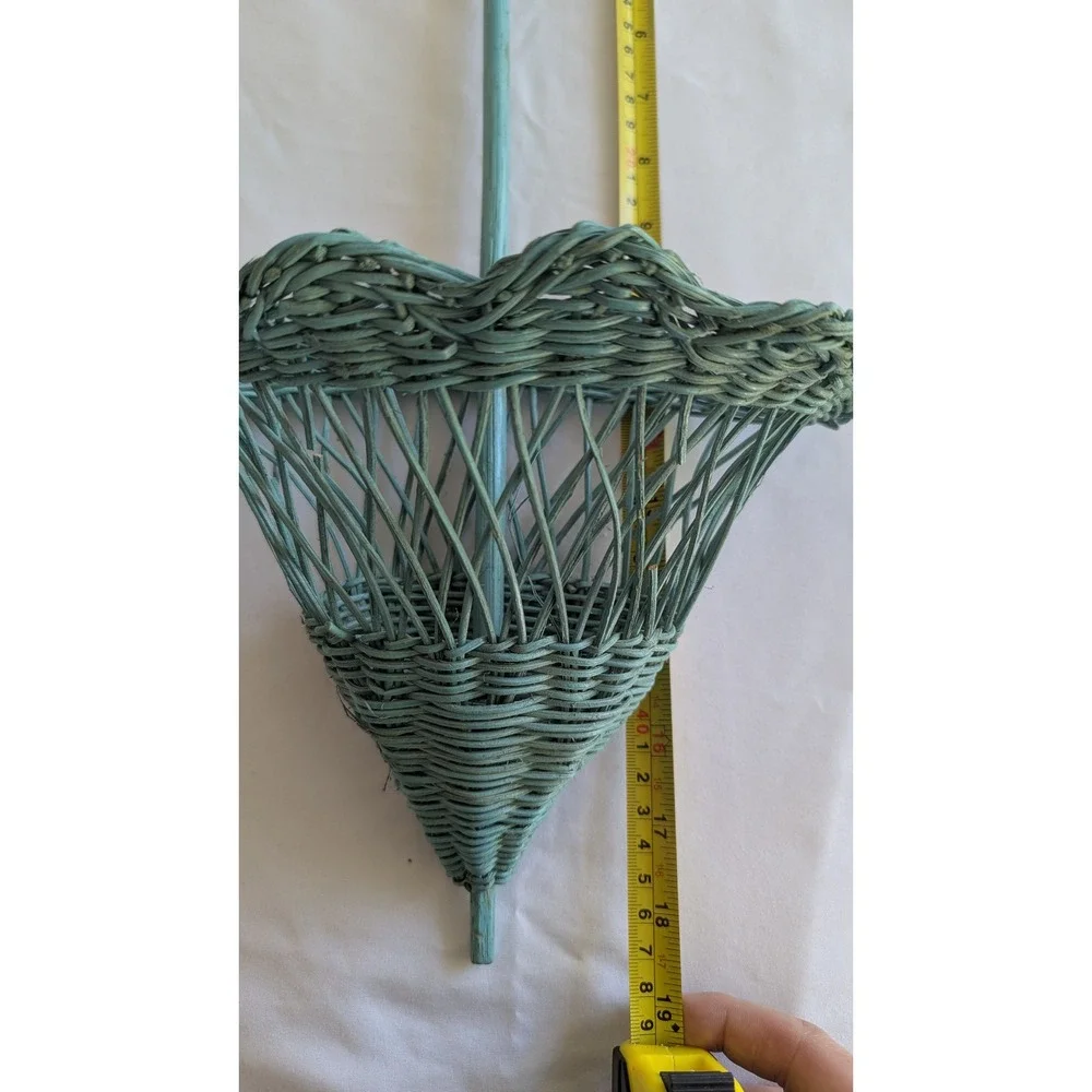 Vintage Wicker Umbrella Wall Hanging Basket Teal Green Scalloped Woven Decor